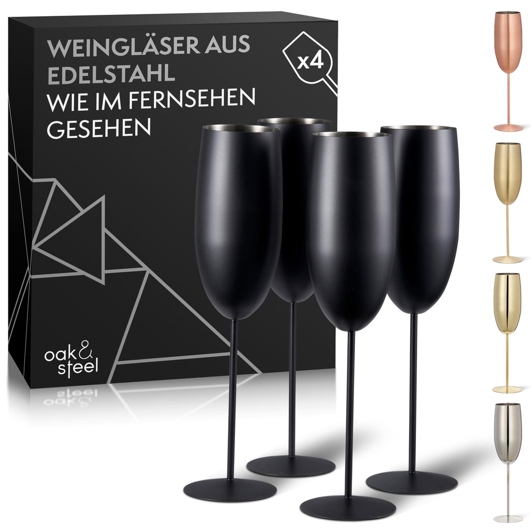 Oak & Steel - 4 Edelstahl Sektgläser Geschenkset (285ml), Champagner & Prosecco Gläser - Matte Schwa