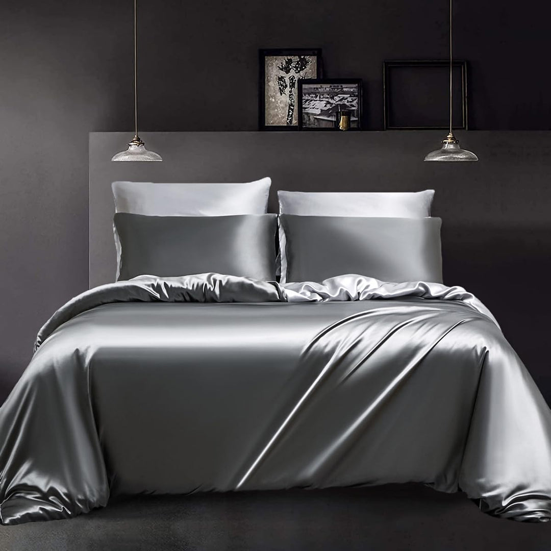 YASMENG Satin Bettwäsche 135x200 4teilig Grau Dunkelgrau Hellgrau Bettbezug Modern Luxus Bettwäsche