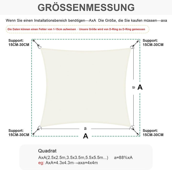 HENG FENG Sonnensegel Rechteckig Quadratisch 2x2m Wasserdicht PES Polyester Sonnenschutz Windschutz