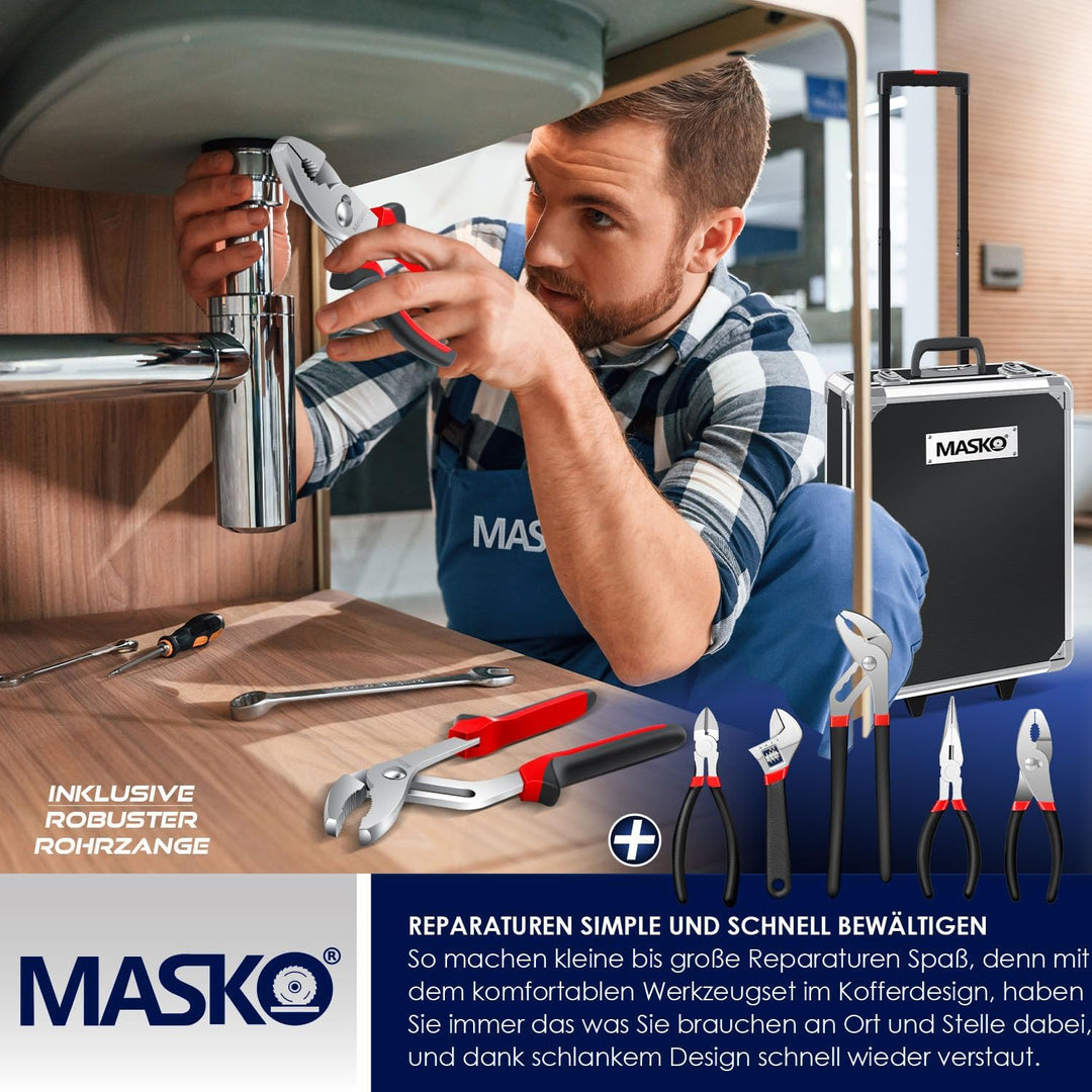 MASKO® Werkzeugkoffer 969-teilig gefüllt | Werkzeugset im Aluminiumkoffer | Werkzeugkasten mit Rolle