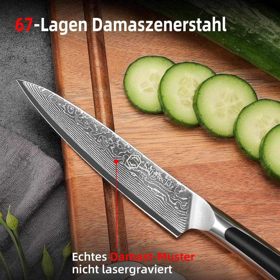 Sunnecko Damast Allzweckmesser Kochmesser 13cm Profi Damast Küchenmesser, 67 Schichten Damastmesser