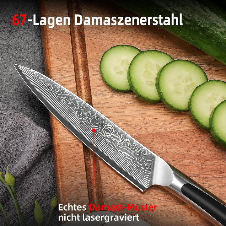 Sunnecko Damast Allzweckmesser Kochmesser 13cm Profi Damast Küchenmesser, 67 Schichten Damastmesser