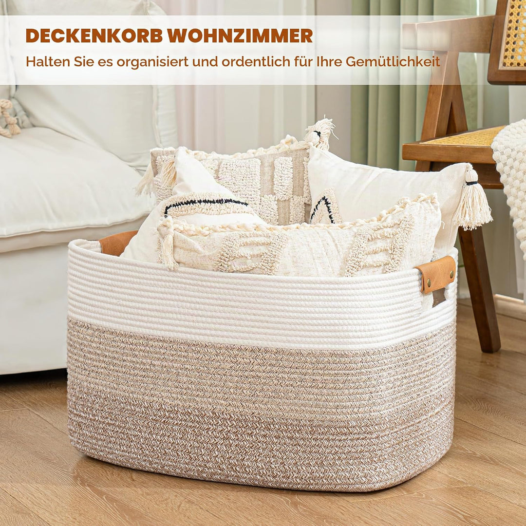 danpinera Grosser Deckenkorb für Wohnzimmer, gewebter Aufbewahrungskorb mit Ledergriffen, Baumwollse