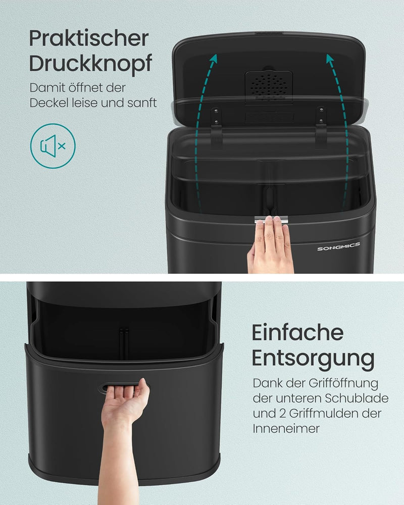 SONGMICS Mülleimer Küche, Mülltrennsystem 3 Fächer, 2 x 10 L und 30 L, Abfalleimer aus Stahl, platzs