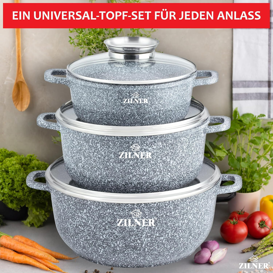 Topfset Induktion 6-Teilig mit Glasdeckel | Kochtopf Set 3 Töpfen aus Aluminiumguss | 3x Kochtöpfe Ø