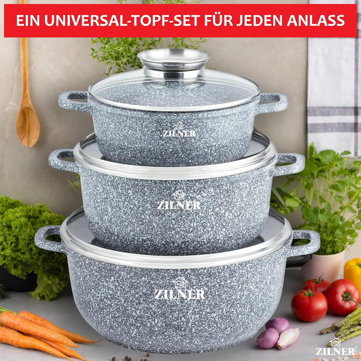 Topfset Induktion 6-Teilig mit Glasdeckel | Kochtopf Set 3 Töpfen aus Aluminiumguss | 3x Kochtöpfe Ø