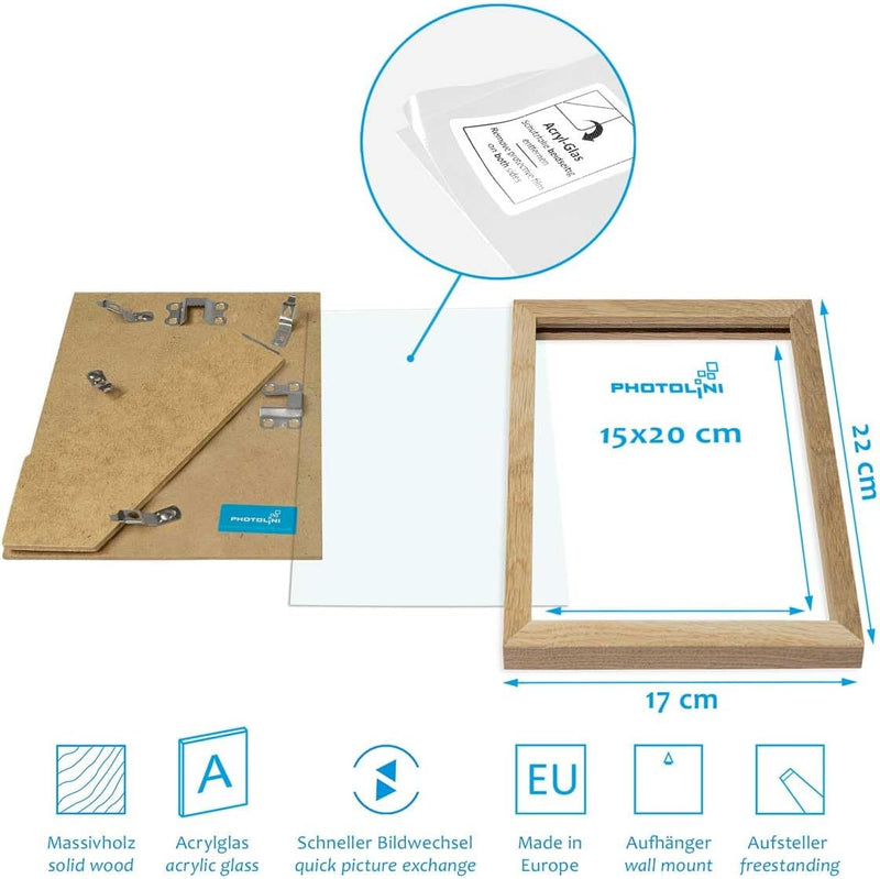 PHOTOLINI 2er Set Holzrahmen Eiche 15x20 cm Massivholz mit Acrylglasscheibe und Zubehör | Holz-Bilde