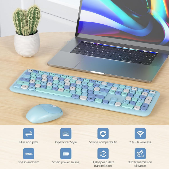 SOLIDEE Buntes kabellose Tastatur und Maus-Kombination,2.4GHz Retro Schreibmaschine Tastatur,104 Tas