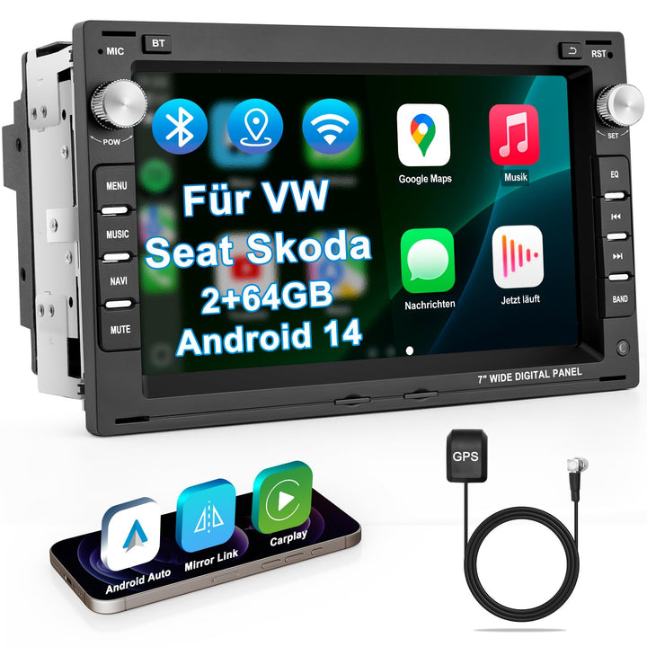 Autoradio mit Bildschirm 2+64G Bluetooth Radio für VW Golf 4 Polo 9N T5 Passat B5 Seat Skoda, 2DIN 7