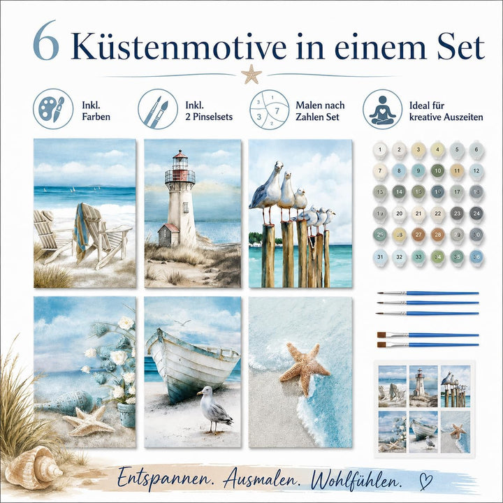 SASMoiyug 6 Stück Malen nach Zahlen Erwachsene, DIY am Meer Sandstrand Malen nach Zahlen Set Mit 6 P