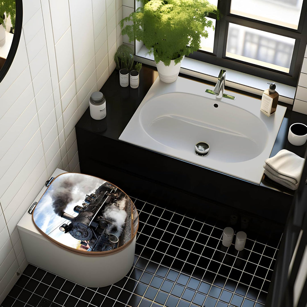 banjado® Design WC Sitz Bambus Absenkautomatik mit Motiv Dampflok/Toilettendeckel mit Absenkautomati