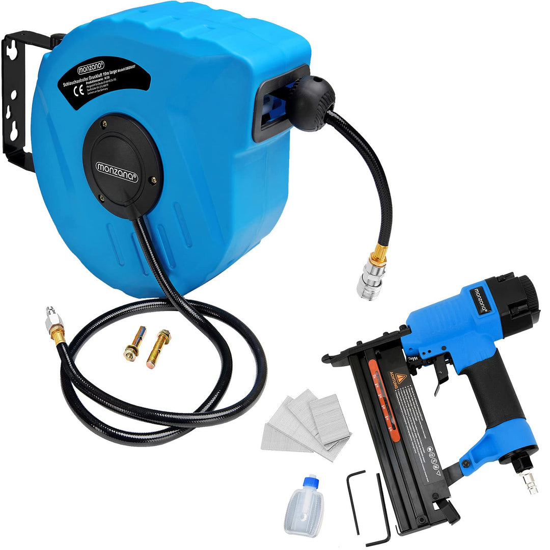 MONZANA® Druckluft Schlauchtrommel automatisch 10m 1/4' Aufroller inkl. 2in1 Drucklufttacker 100 Kla