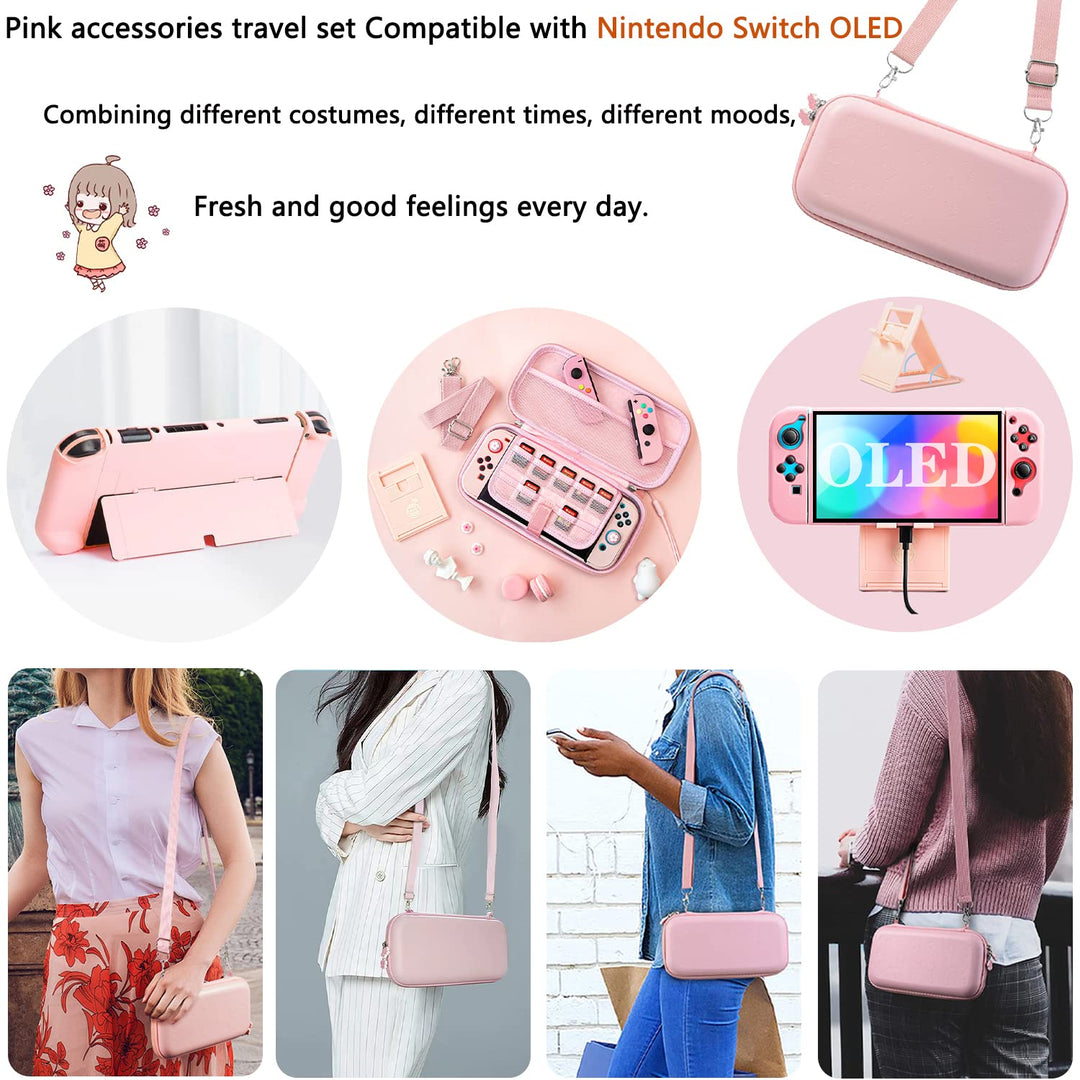 OLDZHU Rosa Tasche Kompatibel mit Nintendo Switch OLED,10 in 1 Rosa Reisezubehör Set mit Tragetasche