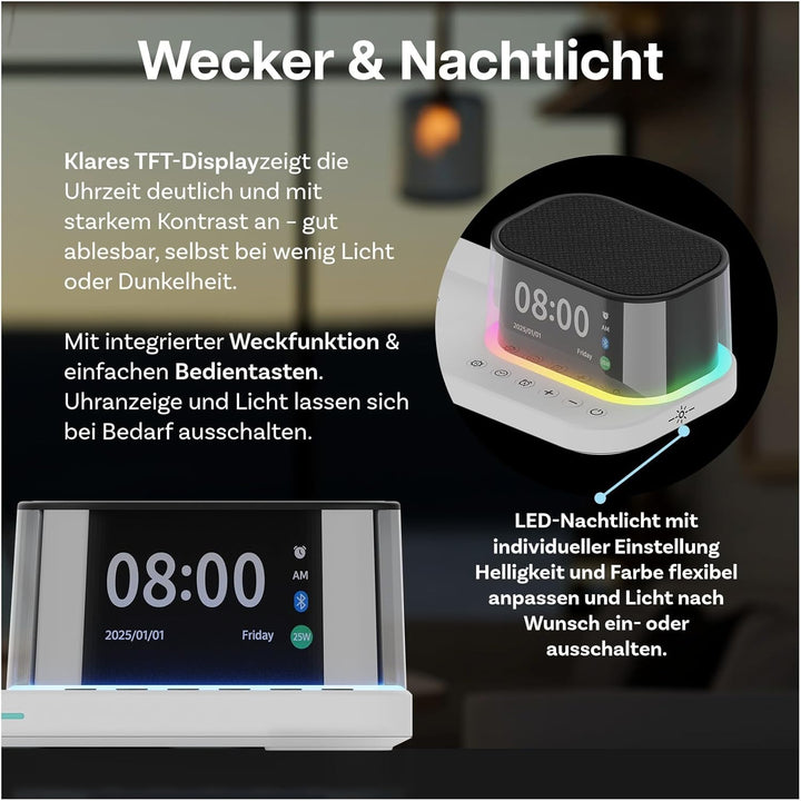 Kabellose Ladestation 5-in-1 mit Wecker, Bluetooth-Lautsprecher & LED-Nachtlicht für MagSafe von MMO