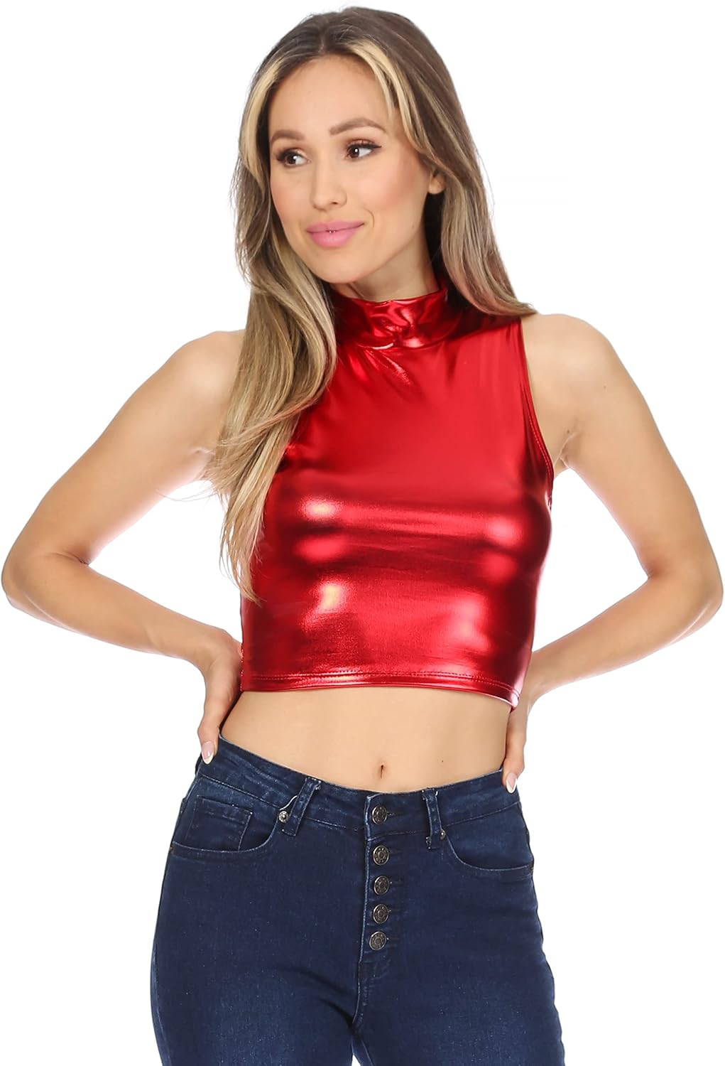 Sakkas Mariana Damen Party Liquid Shiny Metallic Stretch Ärmelloses Tanktop M Rot, M Rot