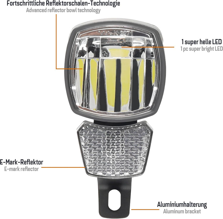 E-Bike Frontlicht 170 Lux Hammer E170 – LED Fahrradlampe, StVZO & ECE zugelassen, Aluminium/ABS Gehä