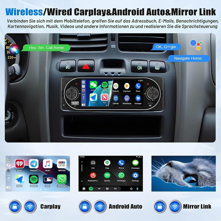 SIXWIN 1 Din Autoradio mit CarPlay Android Auto,5.1 Zoll HD IPS Touchscreen Bildschirm Bluetooth 5.2