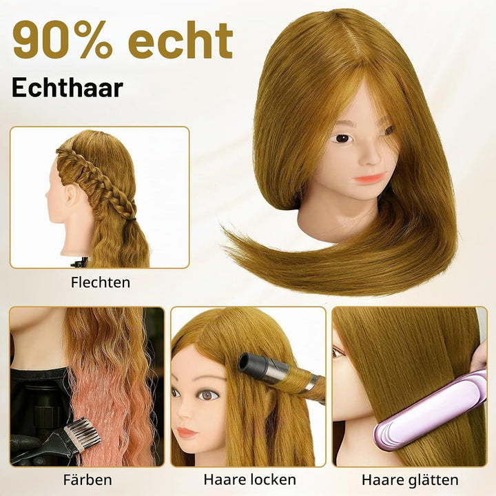 Friseurkopf mit Stativ, Trainingsköpfe mit 90% Echthaar 58CM, Schaufensterpuppe zum Frisieren, für K