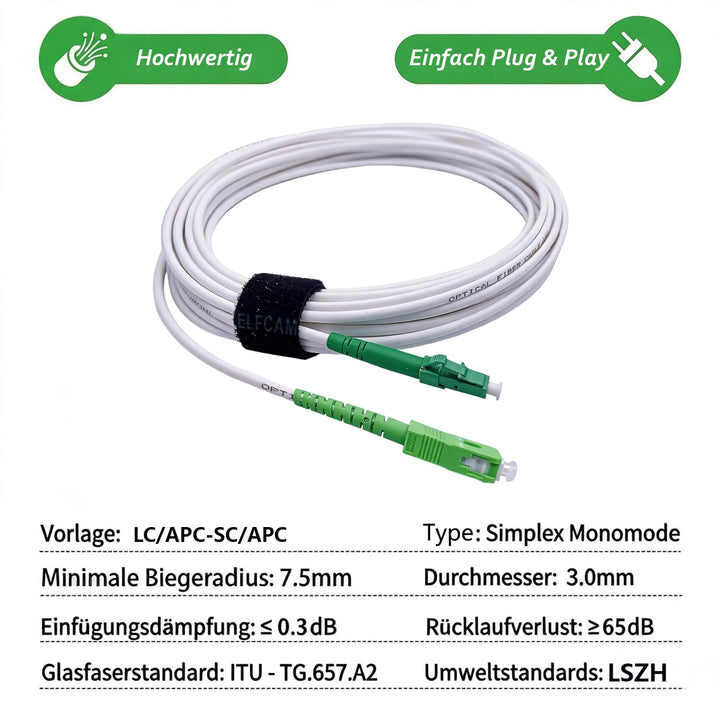 Elfcam® - 50m LWL Glasfaser-Kabel Simplex LC/APC zu SC/APC Stecker, 9/125μm OS2 Patchkabel LSZH, FTT