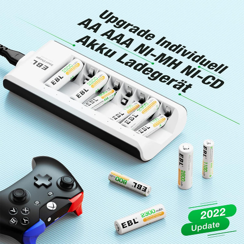 EBL Akku Ladegerät mit 4 AA Akku + 4 AAA Akku, Ladegerät für wiederaufladbare Batterien AA AAA NI-MH