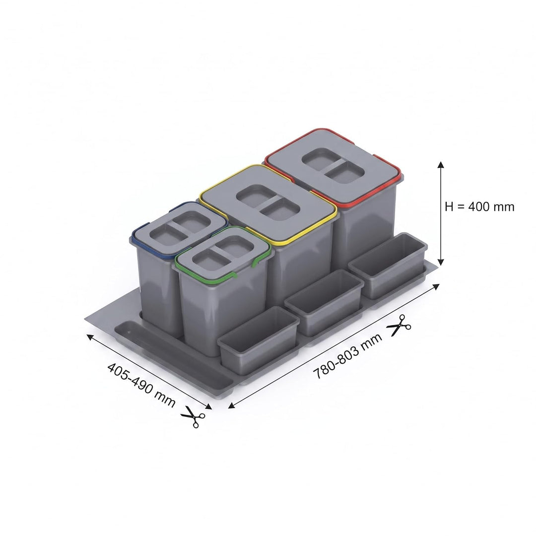 Mülltrennsystem Küche für 90 cm Schrank 4-fach 80,3x49x40 cm (2x 20L + 2x 9L) mit Deckel Einbau Abfa