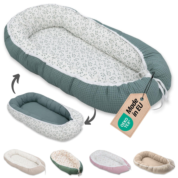 ULLENBOOM ® Babynest & Kuschelnest (55x95 cm) Floral-Grün (Made in EU) - Babynestchen für Neugeboren