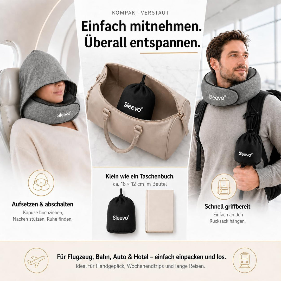 Pro Nackenkissen mit Kapuze &amp; Memory Foam – Ergonomisches Reisekissen für Flugzeug, Zug &amp; Auto – Nac