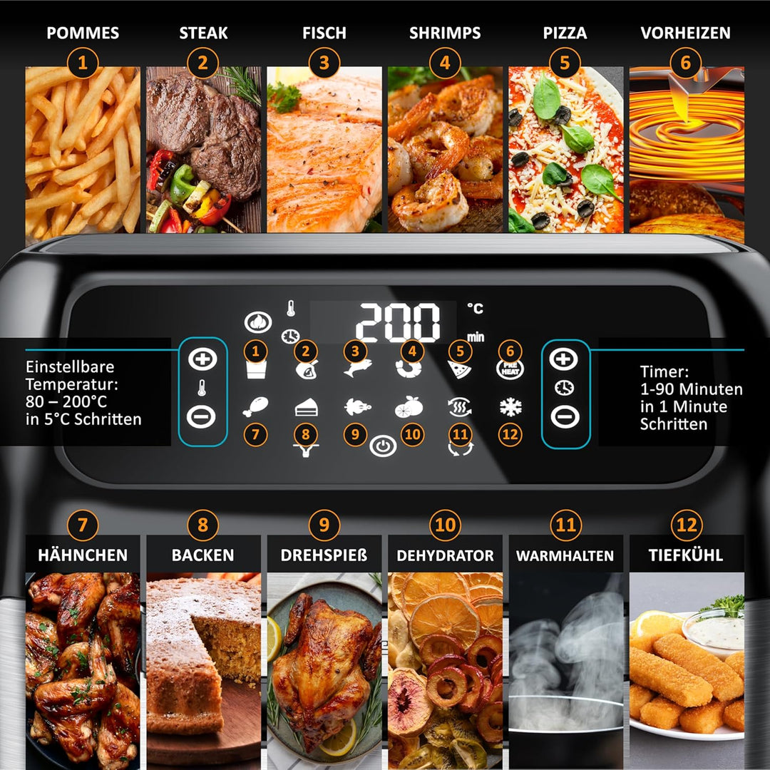 Arendo - Heissluftfritteuse XXL mit LED Touchscreen- 12 Liter - Grill - Dörrautomat - Backofen - Air