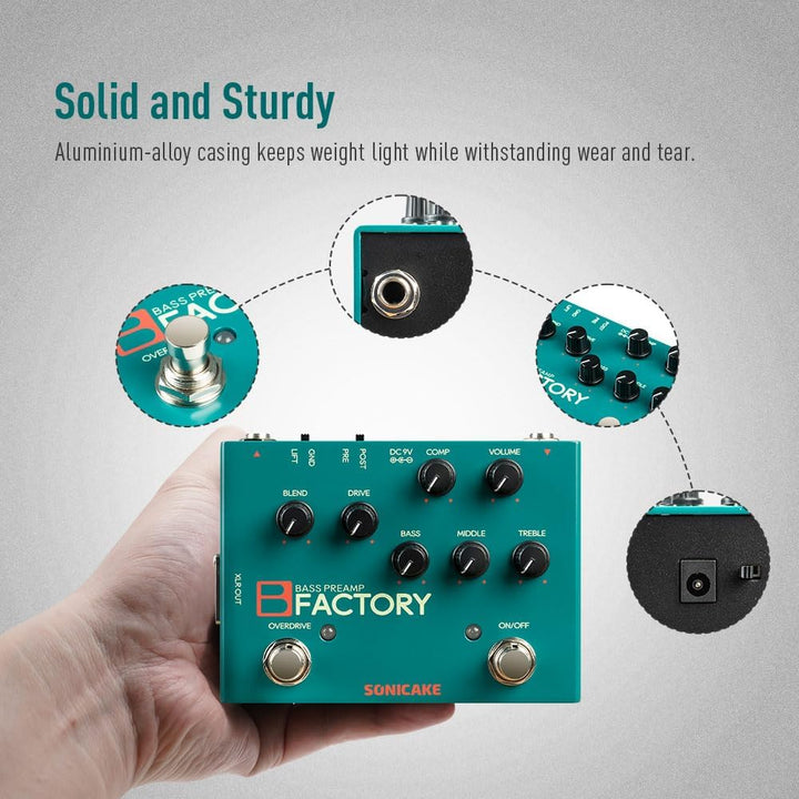 SONICAKE Bass Pedal mit Overdrive Analog Preamp Compression Effektpedal 3-Band EQ XLR Output B Facto