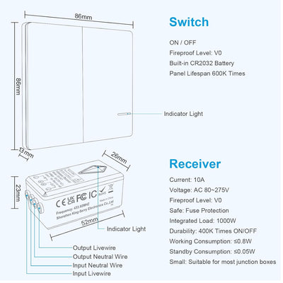 Funkschalter, 230V Thinkbee Wireless Lichtschalter Set mit Funk Fernbedienung, Wasserdicht Staubdich