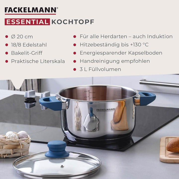 FACKELMANN Kochtopf Essential Ø 20 cm aus Edelstahl, ergonomische Softtouch-Griffe, modernes Design,