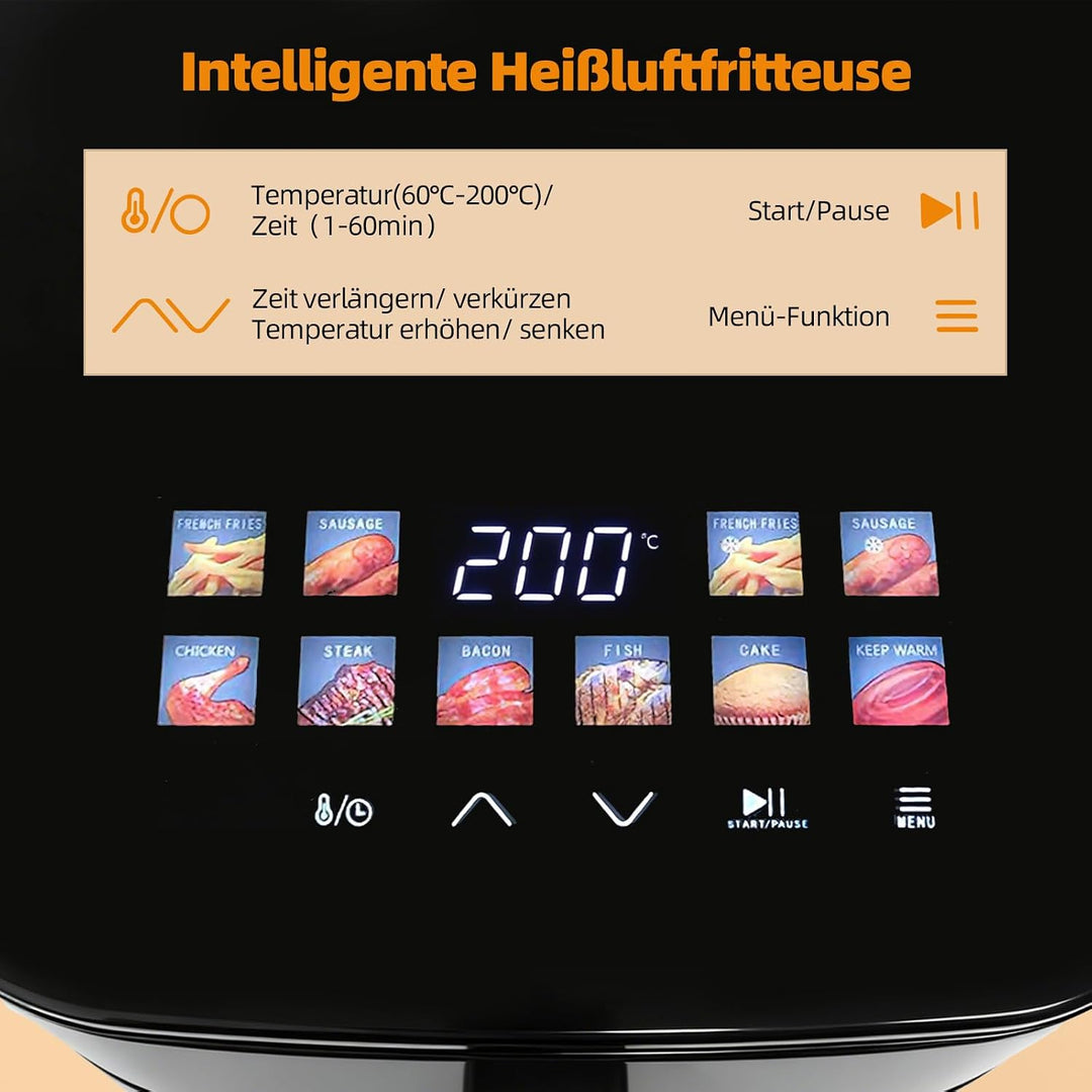 Heissluftfritteuse 5 L Rapid Air Fryer, 8 Programmen, Digitales LED-Display, Sichtfenster, Timer, Fr