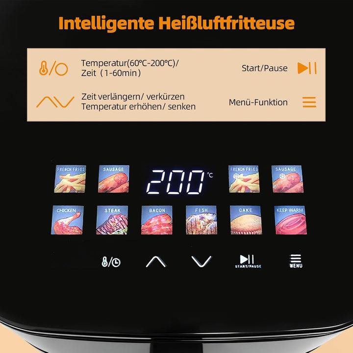 Heissluftfritteuse 5 L Rapid Air Fryer, 8 Programmen, Digitales LED-Display, Sichtfenster, Timer, Fr