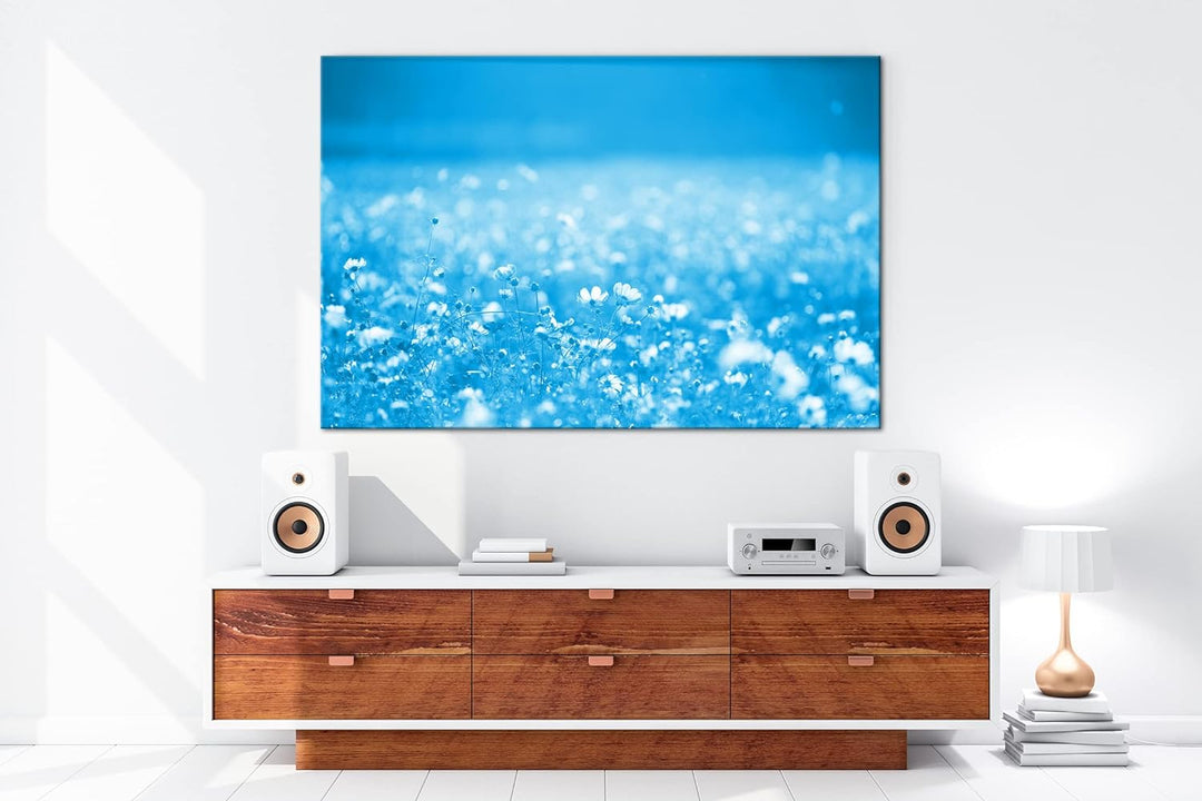 deyoli entzückende Blumenwiese Format 80x60 Effekt: Monocrome Blau als Leinwandbild, Motiv fertig ge