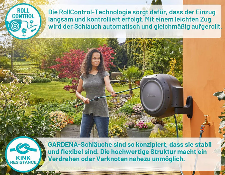 Gardena 8045 1,8 m Wandmontage, einziehbare Spule mit Schlauchführung, Fuss, grau 66 ft mit extra Sc