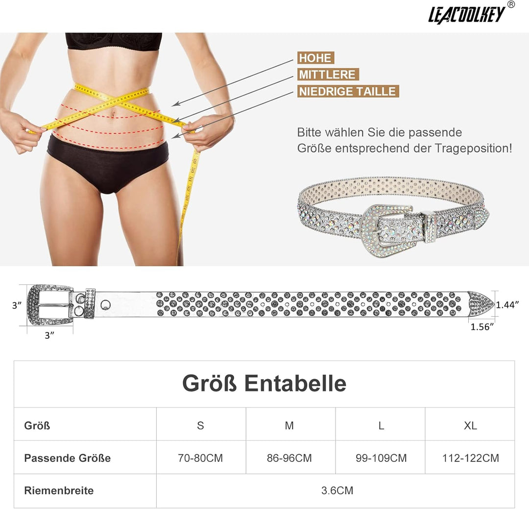 LEACOOLKEY Damen Männer Mode Strass Gürtel, Western Cowgirl Nieten Punk PU Ledergürtel für Jeans S:P