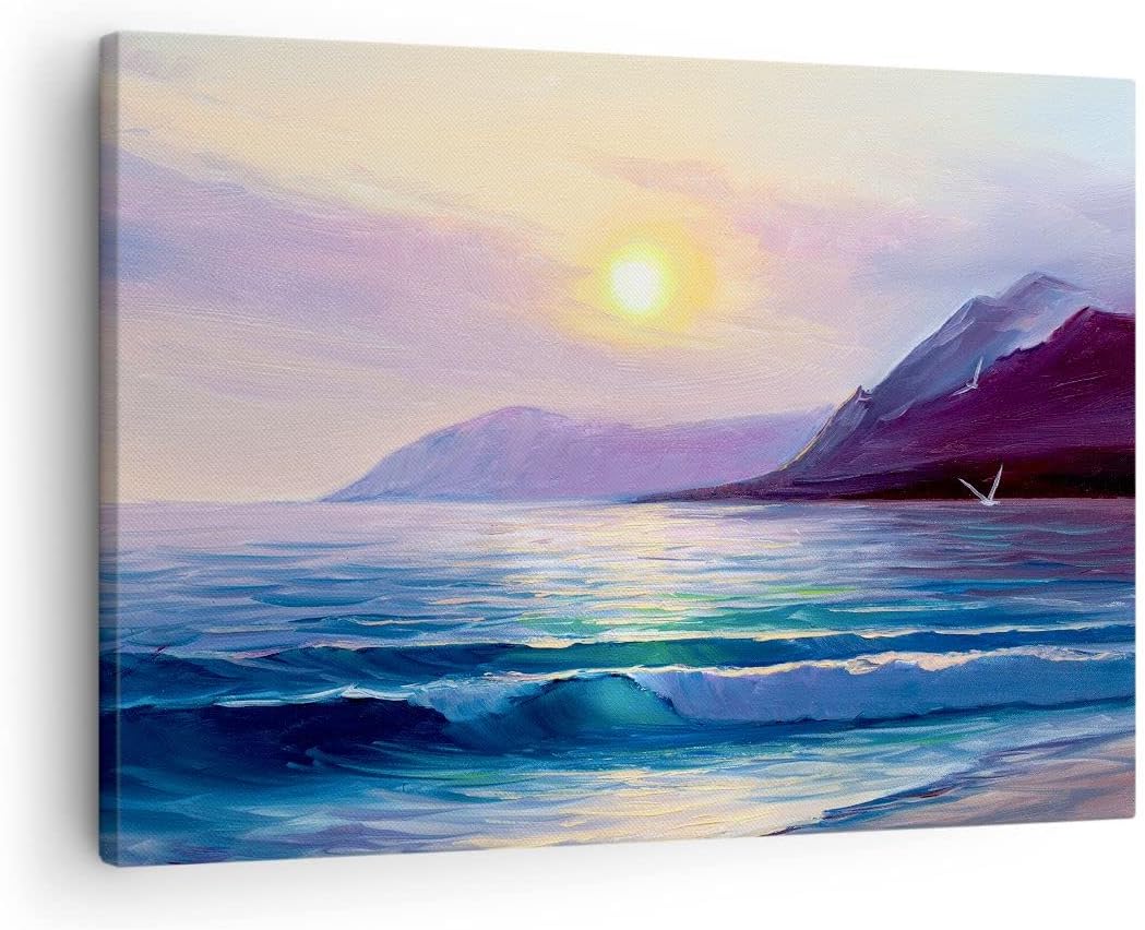 Bilder auf Leinwand Berge Meer Welle Leinwandbild mit Rahmen 70x50cm Wandbilder Dekoration Wohnzimme