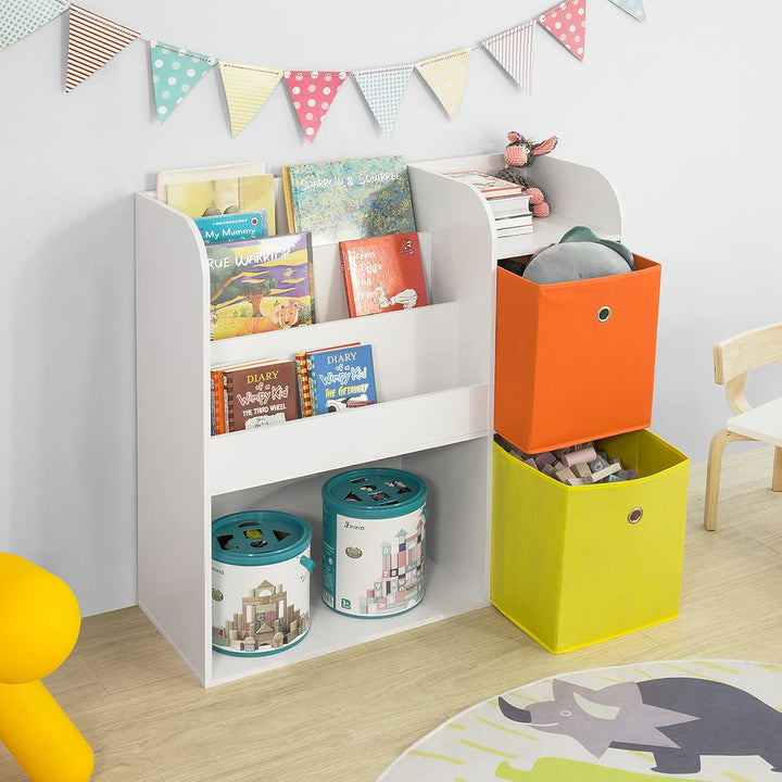 SoBuy KMB37-W Kinder Bücherregal Kinderregal mit 5 Ablagefächern und 2 Stoffboxen Spielzeugregal Auf