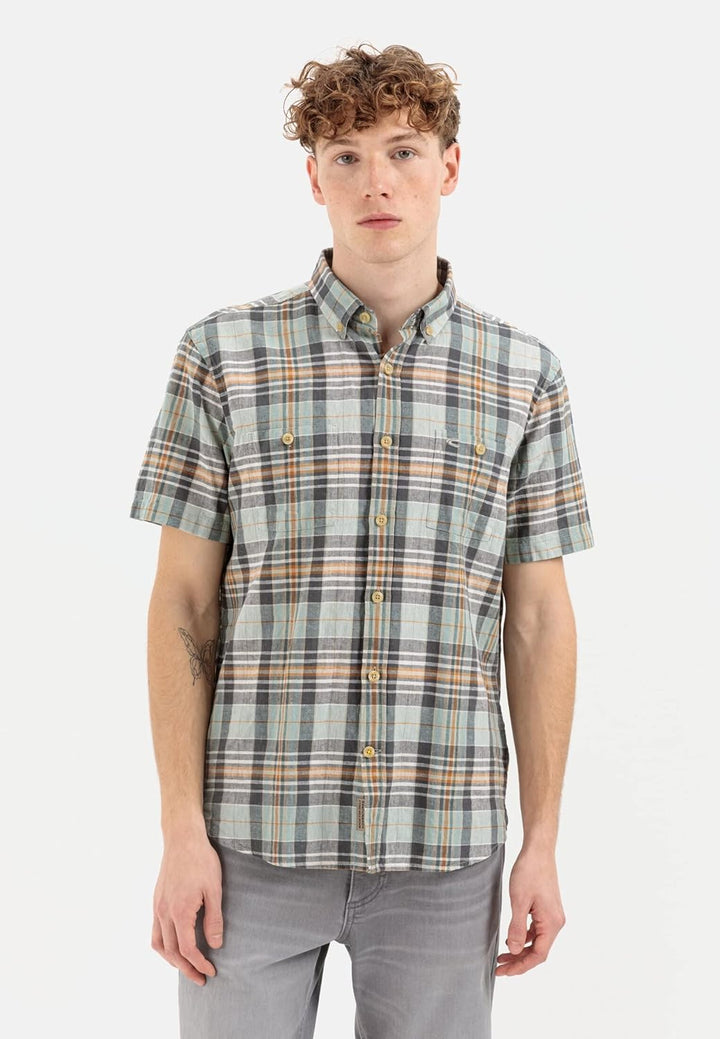 camel active Herren Kurzarm Hemd im Karomuster, S Grau