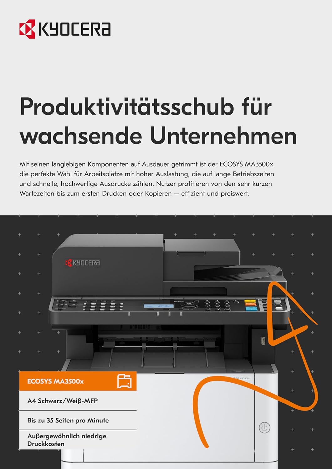 Kyocera Ecosys MA3500x/Plus Multifunktionsdrucker Schwarz Weiss. Drucker Scanner Kopierer. 35 Seiten