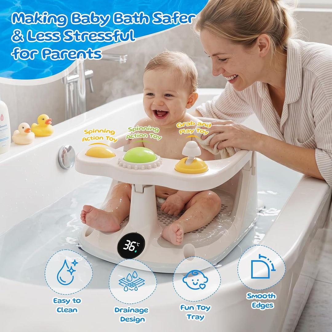 Baby Badewannensitz mit Echtzeit Temperaturüberwachung - Tragbarer Baby Bath Seat mit 4 Rutschfesten