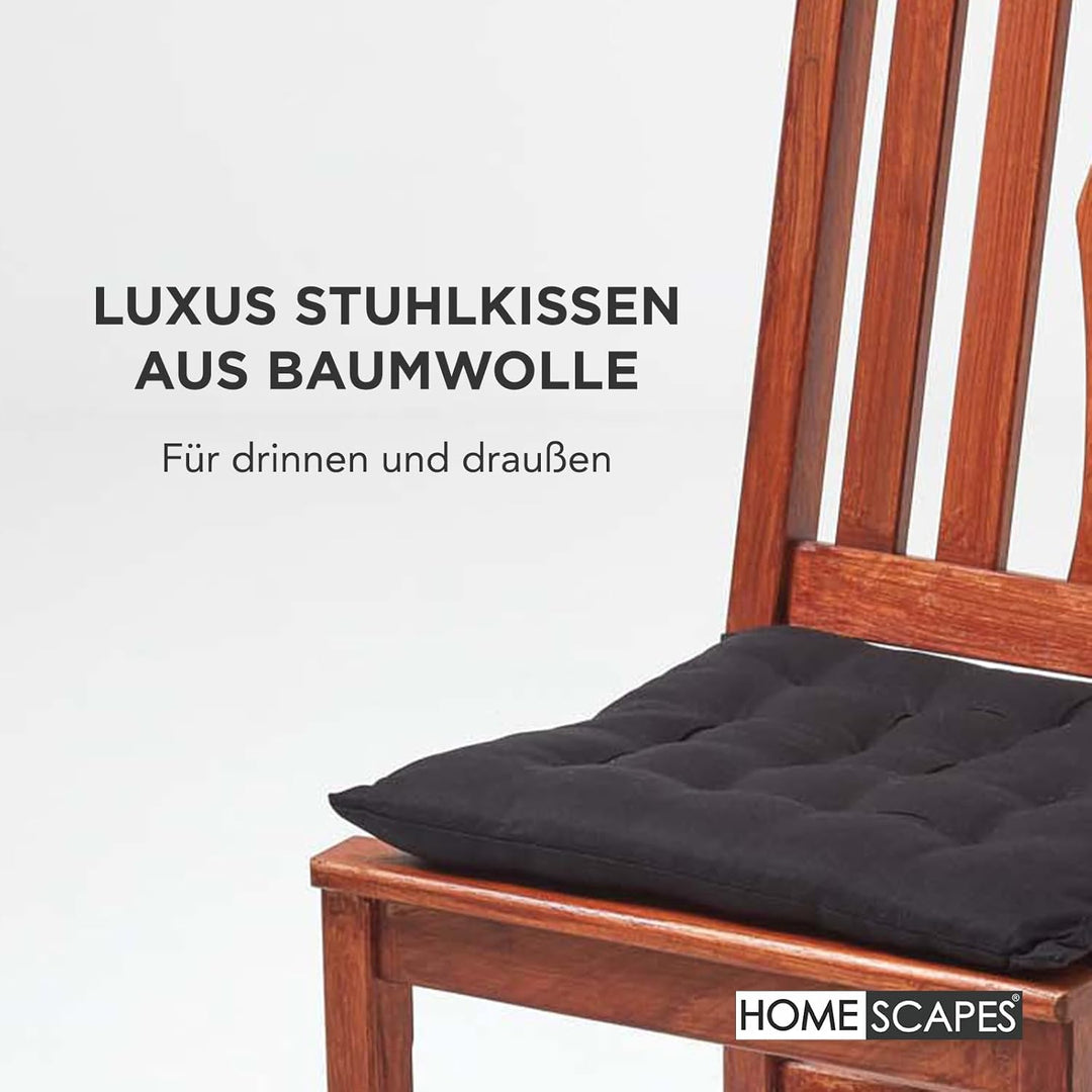 HOMESCAPES 4er Set Stuhlkissen 40 x 40 cm, schwarz, Sitzkissen mit Bändern und Knopfverschluss, einf