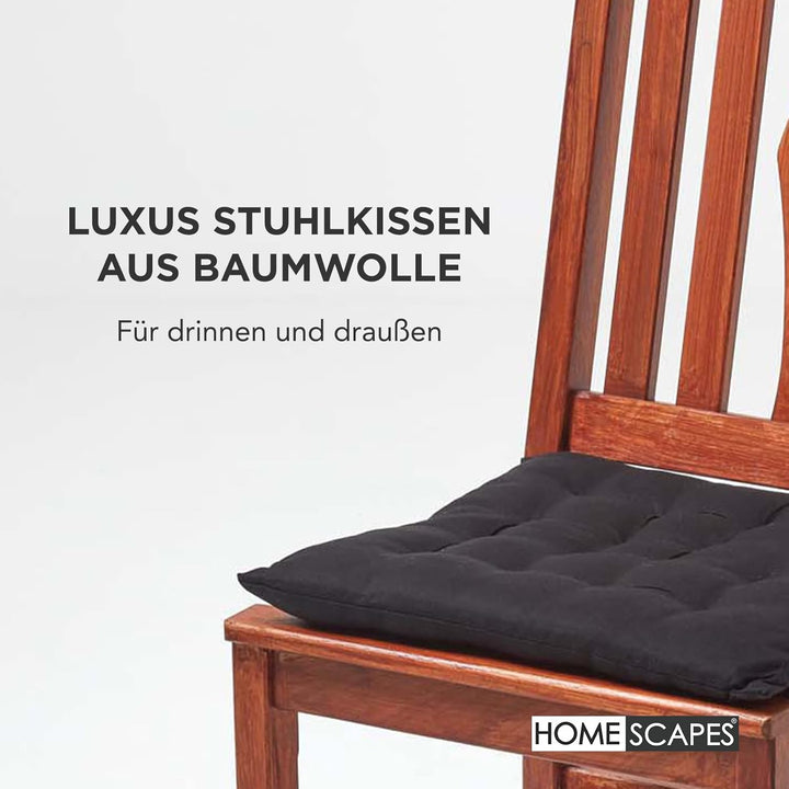 HOMESCAPES 4er Set Stuhlkissen 40 x 40 cm, schwarz, Sitzkissen mit Bändern und Knopfverschluss, einf