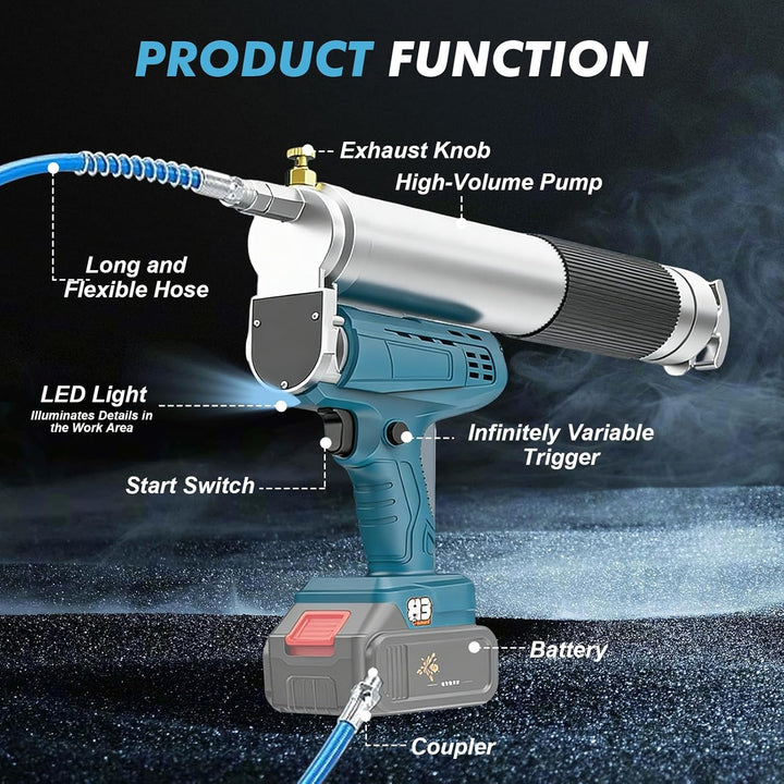 Akku Fettpresse, 12000 PSI Elektrische Fettpresse Kit mit Akkus, 30cm Schlauch, LED-Licht, 4,9 oz/mi