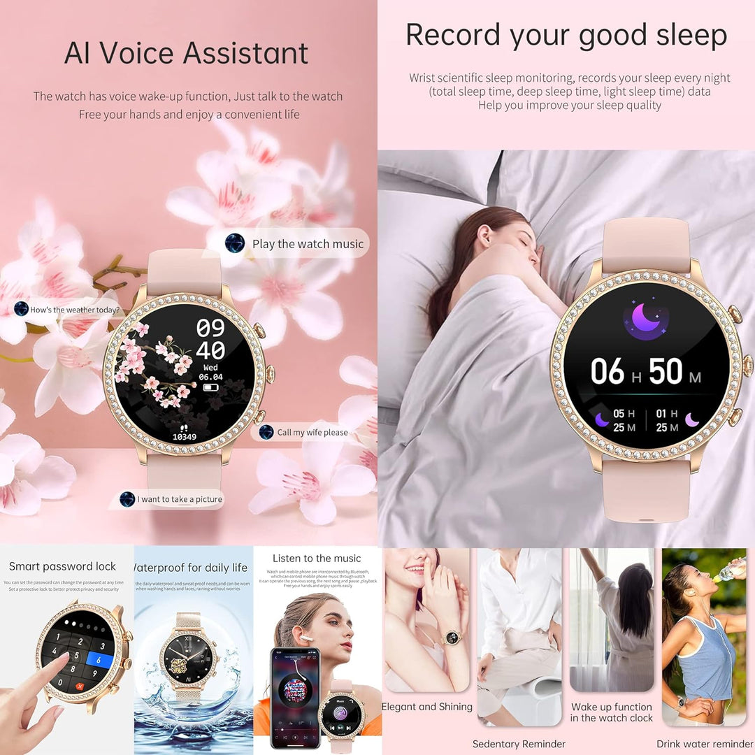 Smartwatch Damen mit Telefonfunktion, 1,32 Fitnessuhr Diamond Damen, Fitness Tracker Uhr mit Menstru