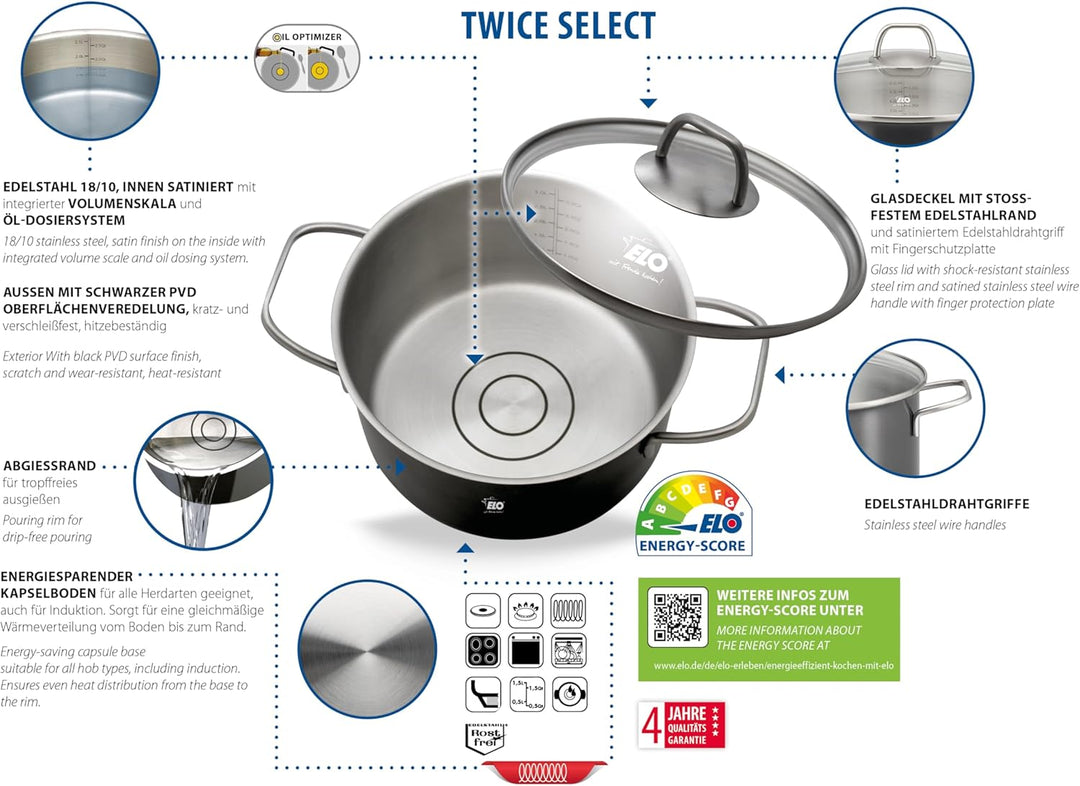 ELO – Twice Select Set 4-teilig, Edelstahl, mit schwarzer PVD Oberflächenveredelung, Volumenskala, e