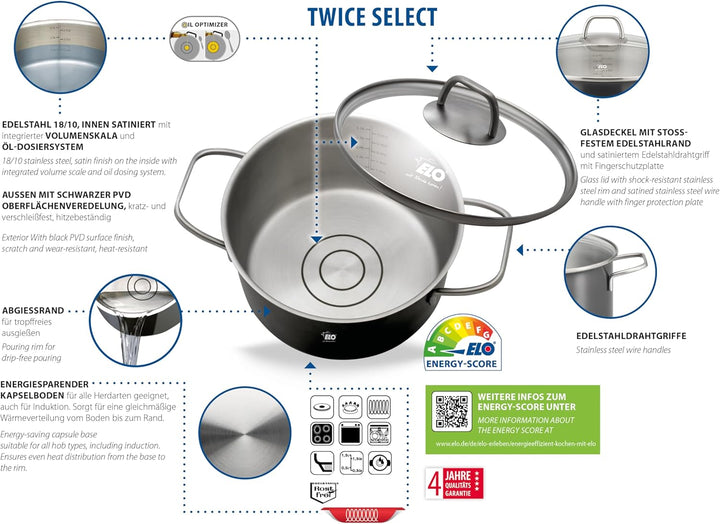 ELO – Twice Select Set 4-teilig, Edelstahl, mit schwarzer PVD Oberflächenveredelung, Volumenskala, e