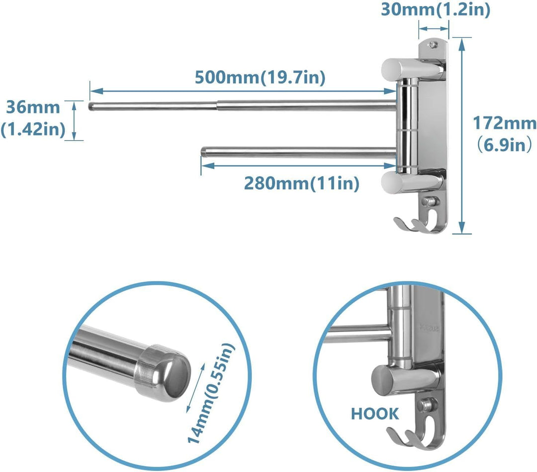 JSVER Handtuchhalter mit 2 Schwenkstangen,Edelstahl Handtuchhalter Bad mit Ausfahrbarer Arm bis zu 5