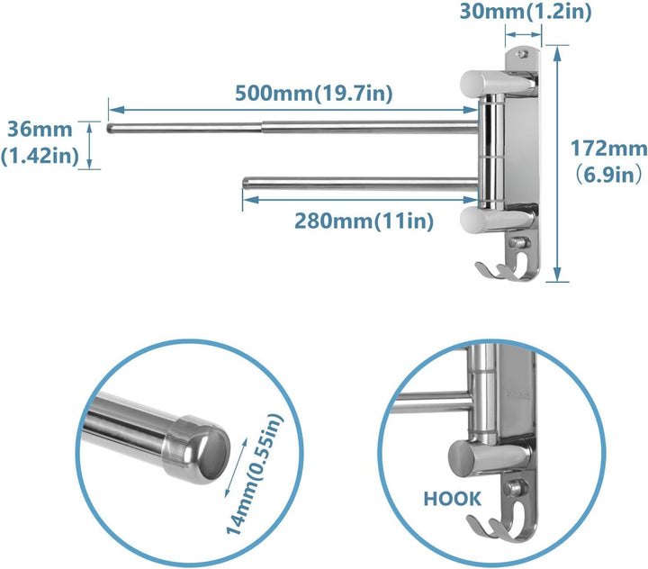 JSVER Handtuchhalter mit 2 Schwenkstangen,Edelstahl Handtuchhalter Bad mit Ausfahrbarer Arm bis zu 5