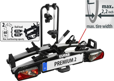 EUFAB 11521 Fahrradträger PREMIUM 2, E-Bike geeignet, komplett vormontiert, Diebstahlschutz, für 2 F